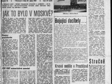 Stráž lidu, zvláštní večerní vydání o dvou stranách z pondělního večera 26. srpna 1968, s datem 27. srpna 1968. Státní vědecká knihovna v Olomouci, sign. III 91420.